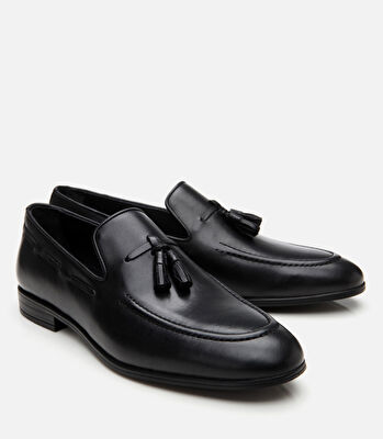 Erkek Deri Siyah Püskül Detaylı Loafer