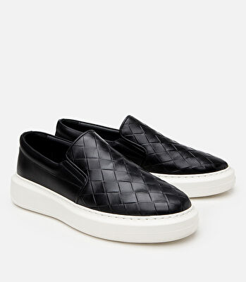 Erkek Deri Siyah Baskılı Günlük Loafer