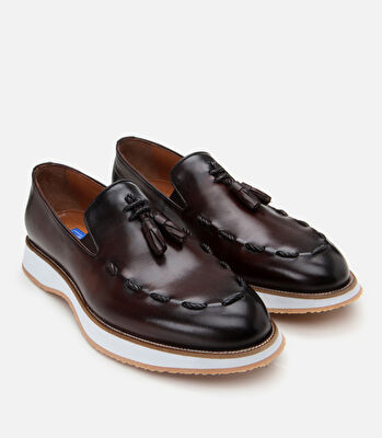 Erkek Deri Kahverengi Püskül Detaylı Klasik Loafer