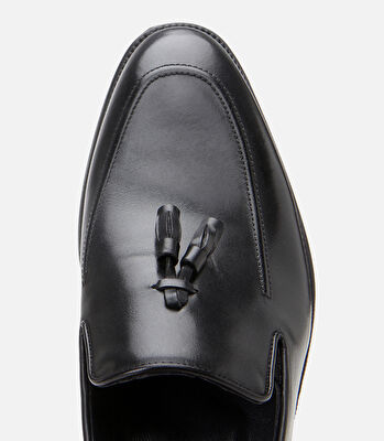 Erkek Deri Siyah Püskül Detaylı Klasik Loafer
