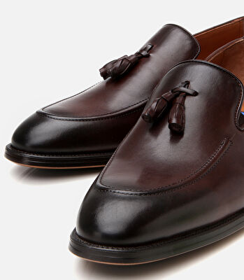 Erkek Deri Kahverengi Püskül Detaylı Klasik Loafer