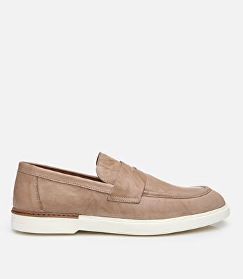 Erkek Deri Bej Ultra Hafif Tabanlı Klasik Loafer