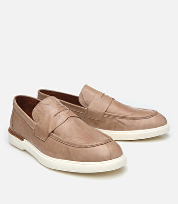 Erkek Deri Bej Ultra Hafif Tabanlı Klasik Loafer