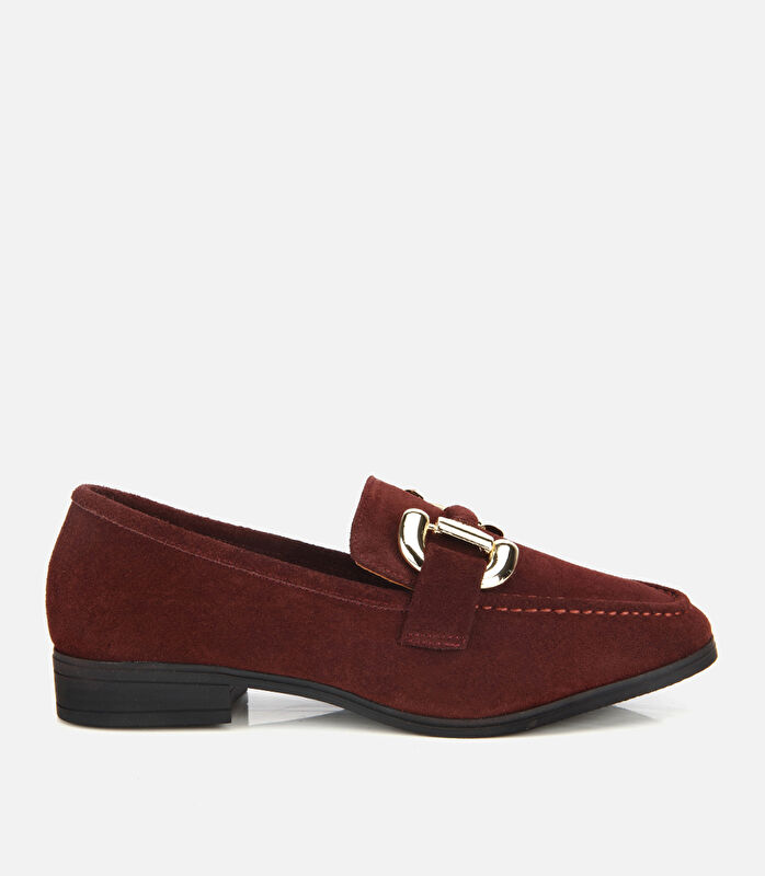 Kadın Süet Deri Bordo Tokalı Klasik Loafer