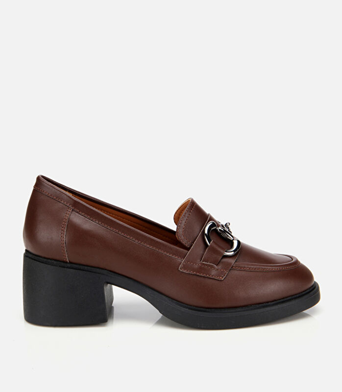 Kadın Deri Kahverengi Tokalı Yüksek Topuklu Klasik Loafer