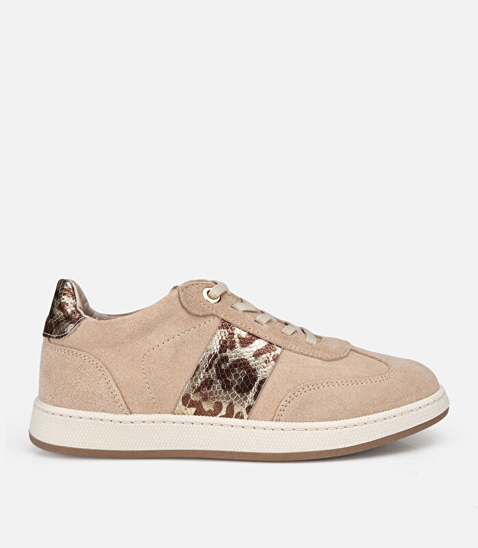 Kadın Süet  Deri Bej Leopar Desenli Spor Ayakkabı