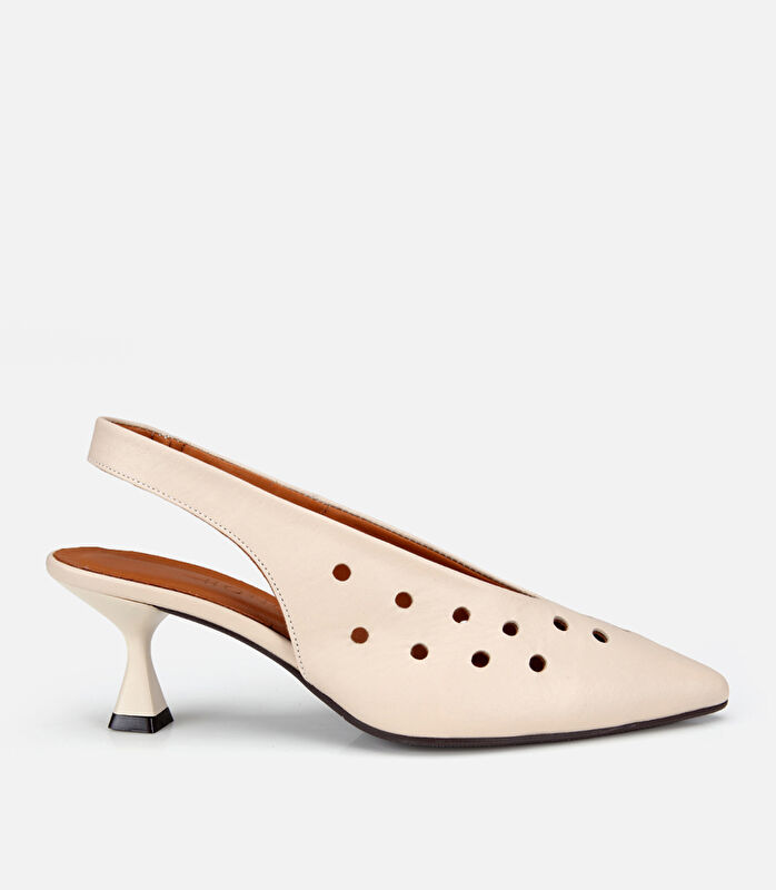 Kadın Deri Ekru Delikli Arkası Açık Kısa Topuklu Stiletto