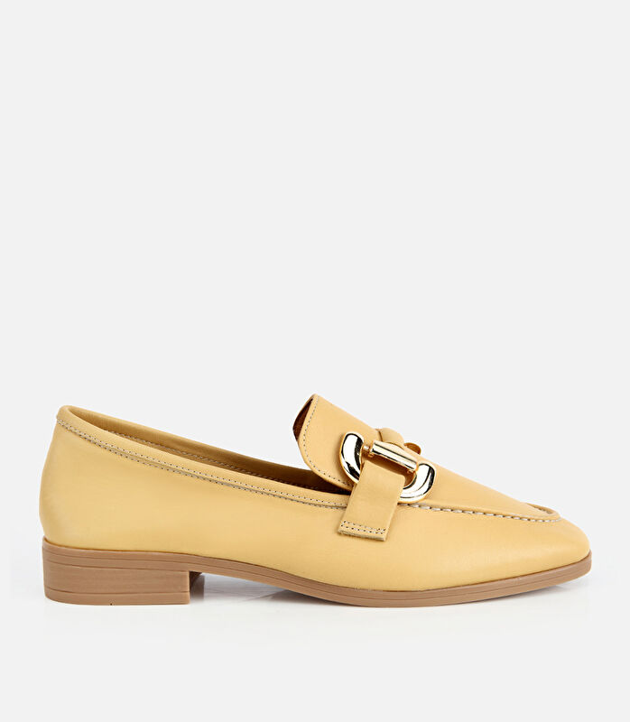 Kadın Deri Sarı Toka Detaylı Klasik Loafer