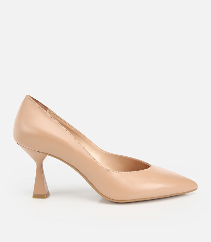 Kadın Deri Bej Kısa Topuklu Stiletto