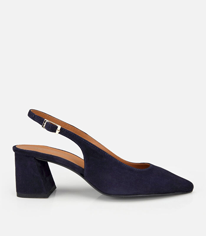 Kadın Süet Deri Lacivert Arkası Açık Kalın Topuklu Ayakkabı