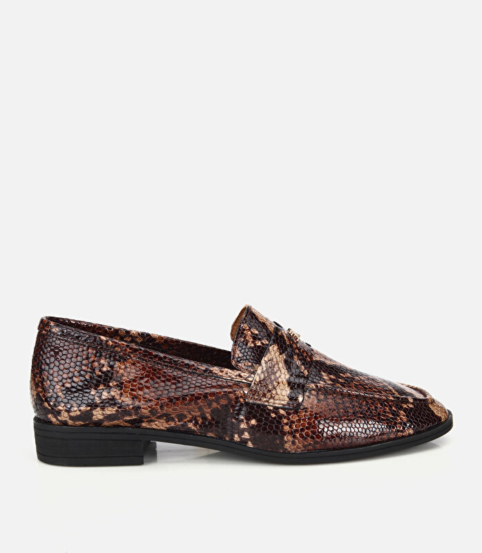 Kadın Deri Kahverengi Yılan Baskılı Klasik Loafer