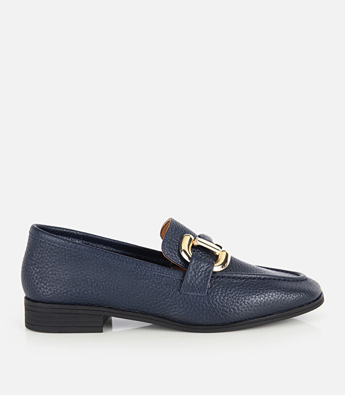 Kadın Deri Lacivert Gold Toka Detaylı Yumuşak Dokulu Topuklu Klasik Loafer