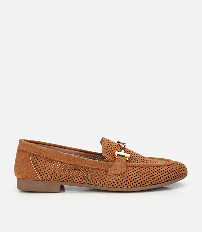 Kadın Taba Süet Tokalı Zımba Detaylı Loafer