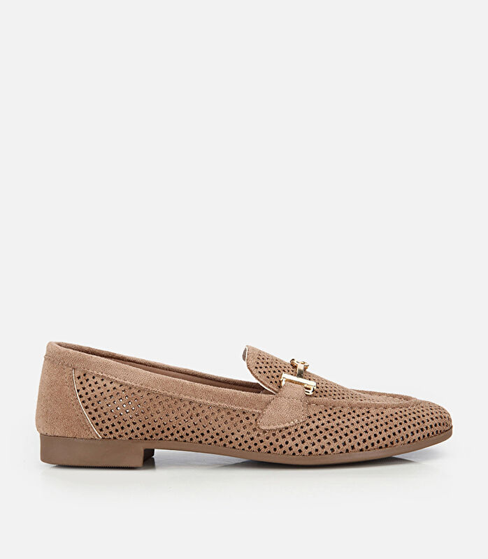 Kadın Vizon Süet Tokalı Zımba Detaylı Loafer