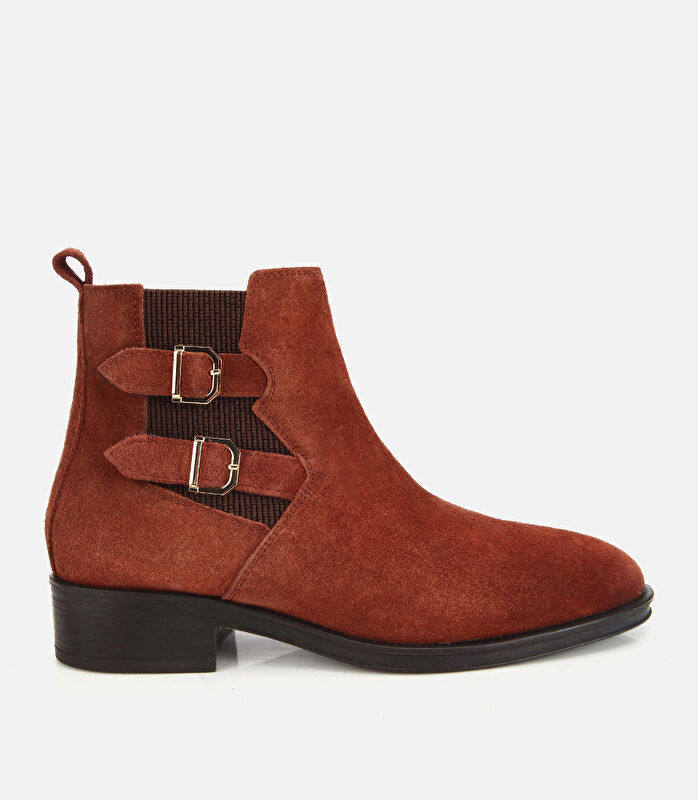 Kadın Süet Deri Taba Tokalı Lastik Detaylı Düz Bot