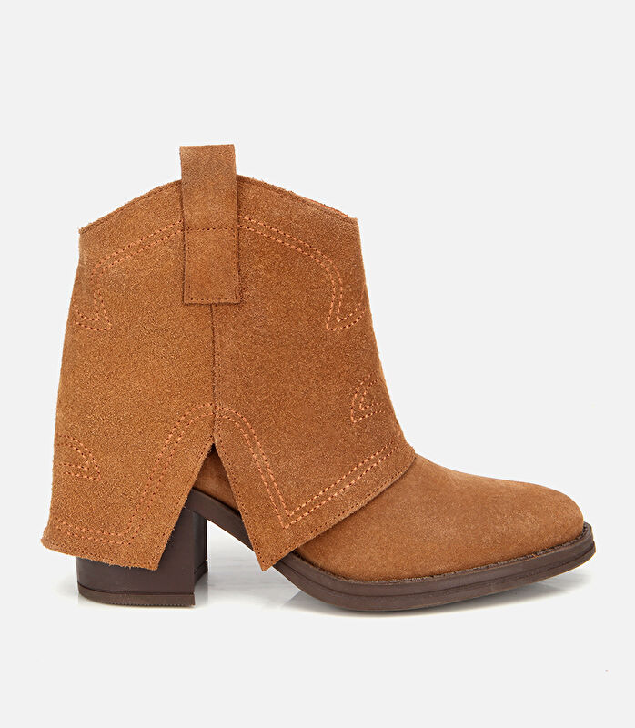 Kadın Süet Deri Taba Dikiş Detaylı Kovboy /Western Topuklu Bot