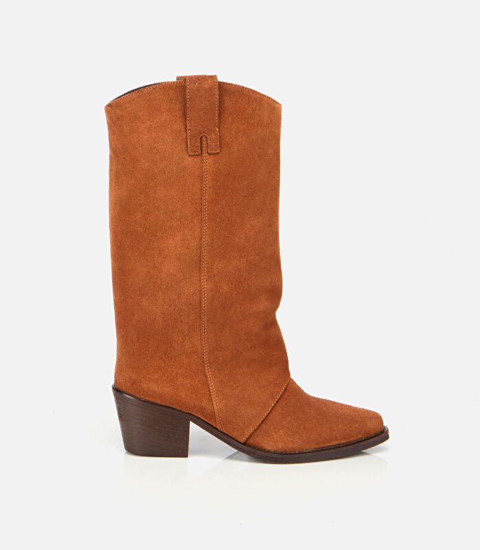 Kadın Süet Deri Taba Kovboy Topuklu Bot