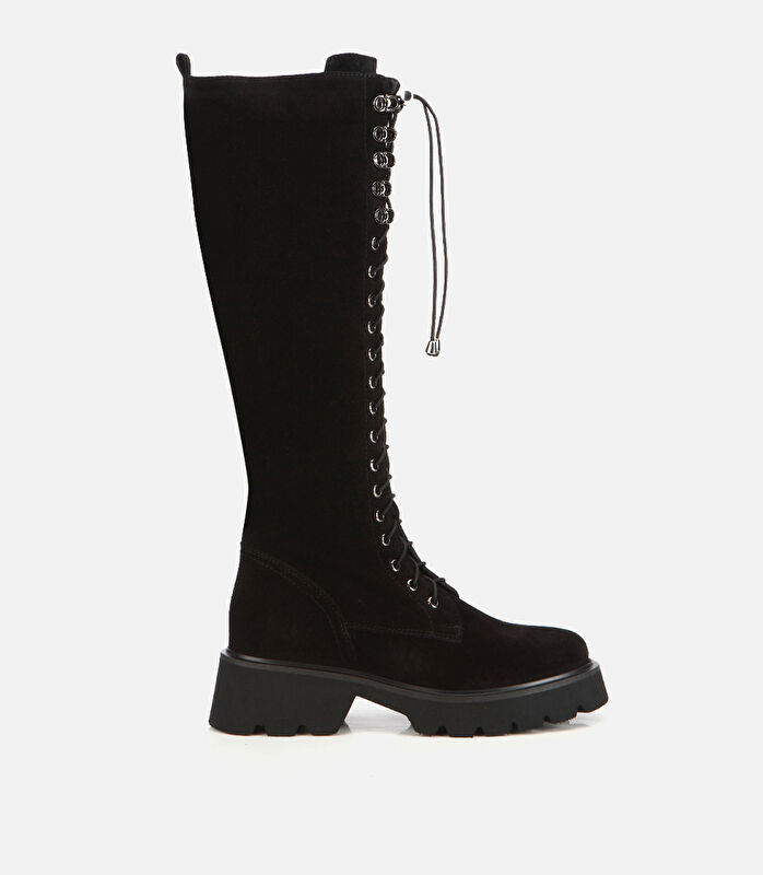 Kadın Süet Deri Siyah Bağcık Detaylı Düz Çizme