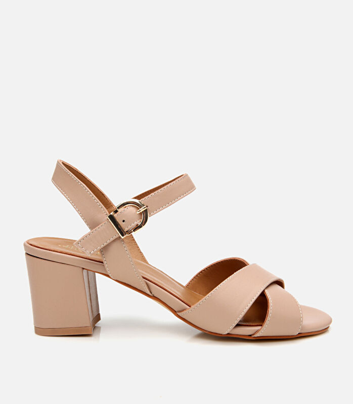 Kadın Deri Bej Kemerli Kalın Topuklu Sandalet