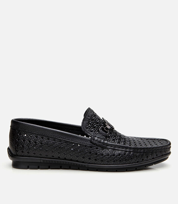 Erkek Deri Siyah Delikli Toka Detaylı Loafer