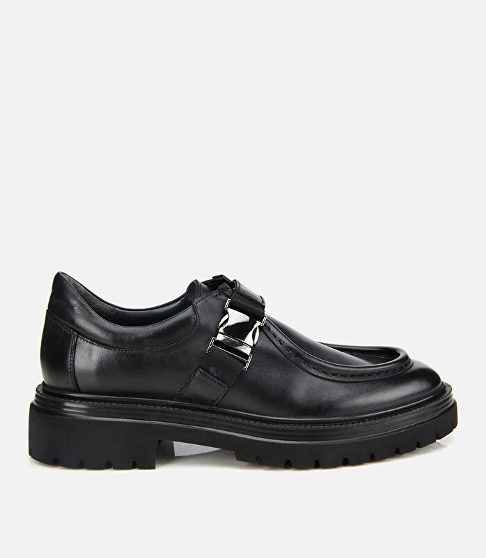 Erkek Deri Siyah Metal Tokalı Klasik Loafer