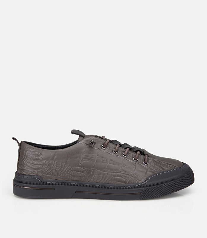 Erkek Deri Gri Bağcık Detaylı Düz Spor Ayakkabı