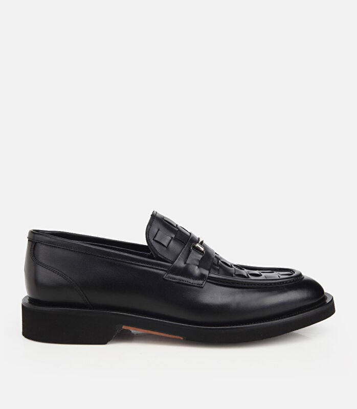 Erkek Deri Siyah Örme Metal Detaylı Klasik Loafer