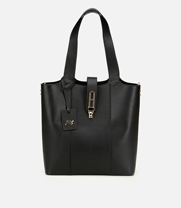 Kadın Deri Siyah Kilit Detaylı Tote Çanta