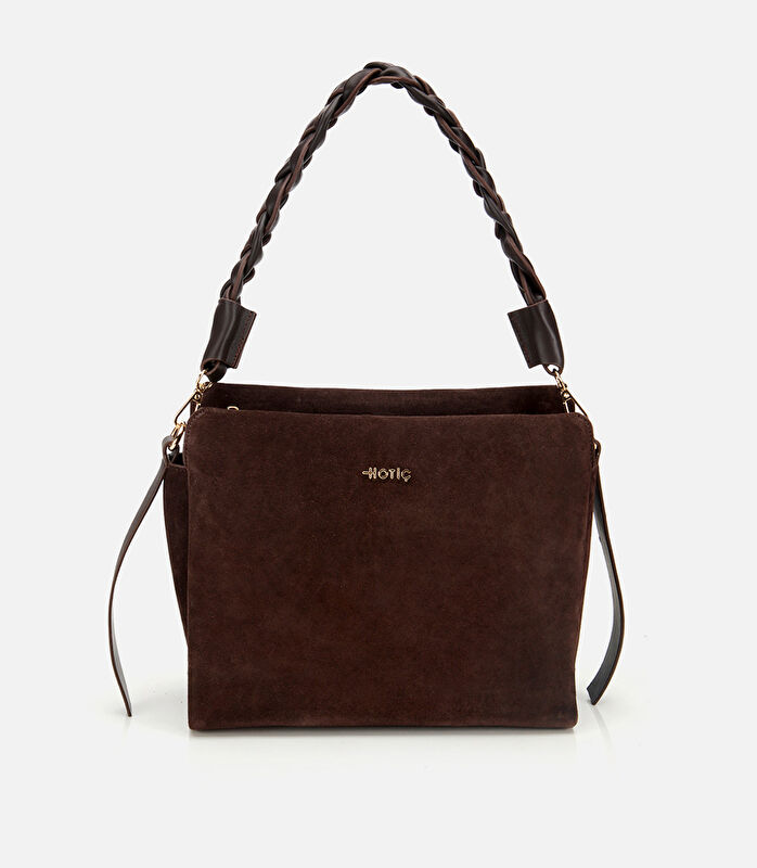 Kadın Süet Deri Kahverengi Örgü Askı Detaylı Omuz Çantası