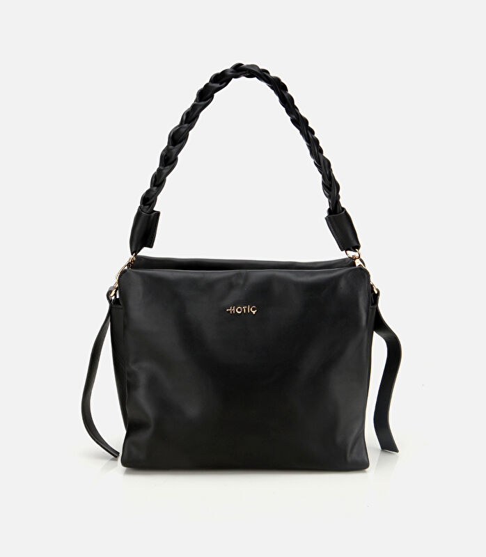 Kadın Deri Siyah Yumuşak Dokulu Örgü Askı Detaylı Omuz Çantası