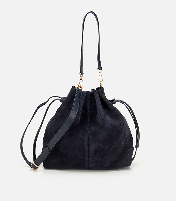 Kadın Süet Deri Lacivert Bucket Omuz Çantası
