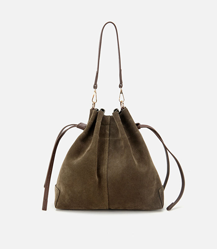 Kadın Süet Deri Haki Bucket Omuz Çantası