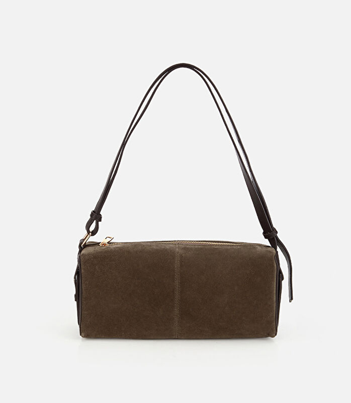 Kadın Süet Deri Haki Bowling Omuz Çantası