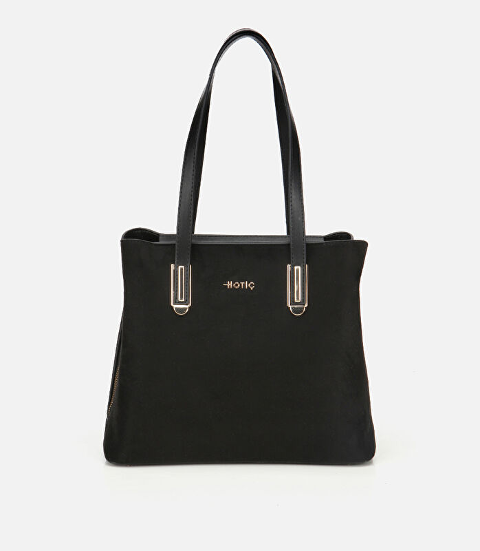 Kadın Süet Siyah Gold Aksesuarlı Omuz Çantası