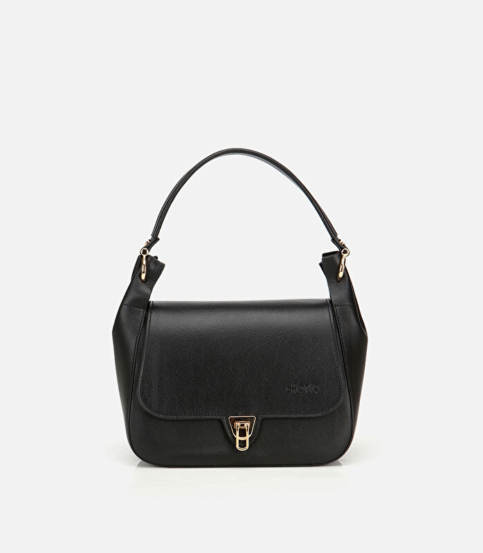 Kadın Deri Siyah Kilit Detaylı Omuz Çantası