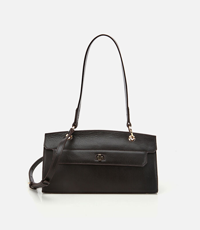 Kadın Deri Kahverengi Kilit Detaylı Omuz Çantası