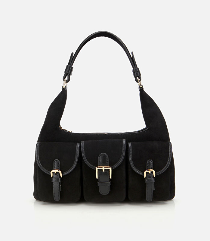 Kadın Süet Deri Siyah Cepli Tokalı Omuz Çantası
