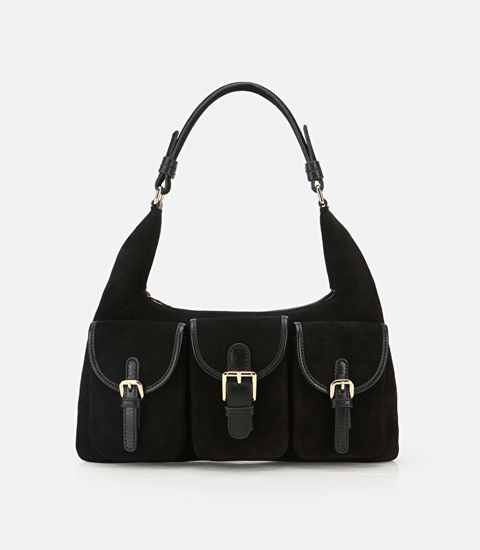 Kadın Süet Deri Siyah Cepli Tokalı Omuz Çantası