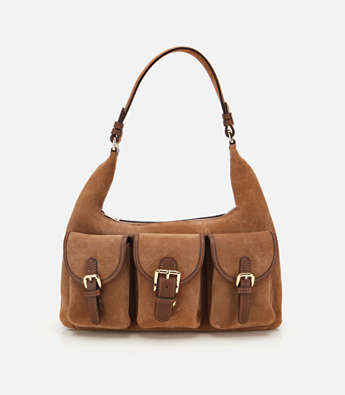 Kadın Süet Deri Taba Cepli Tokalı Omuz Çantası