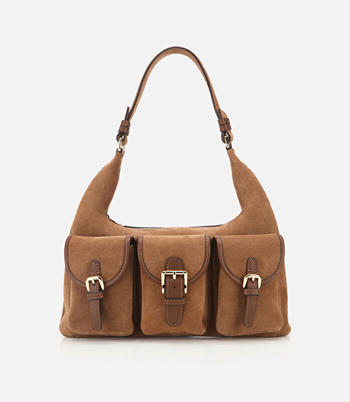 Kadın Süet Deri Taba Cepli Tokalı Omuz Çantası