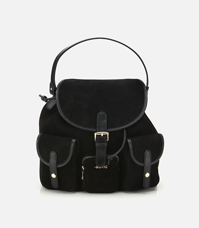 Kadın Süet Deri Siyah Cepli Tokalı Sırt Çantası