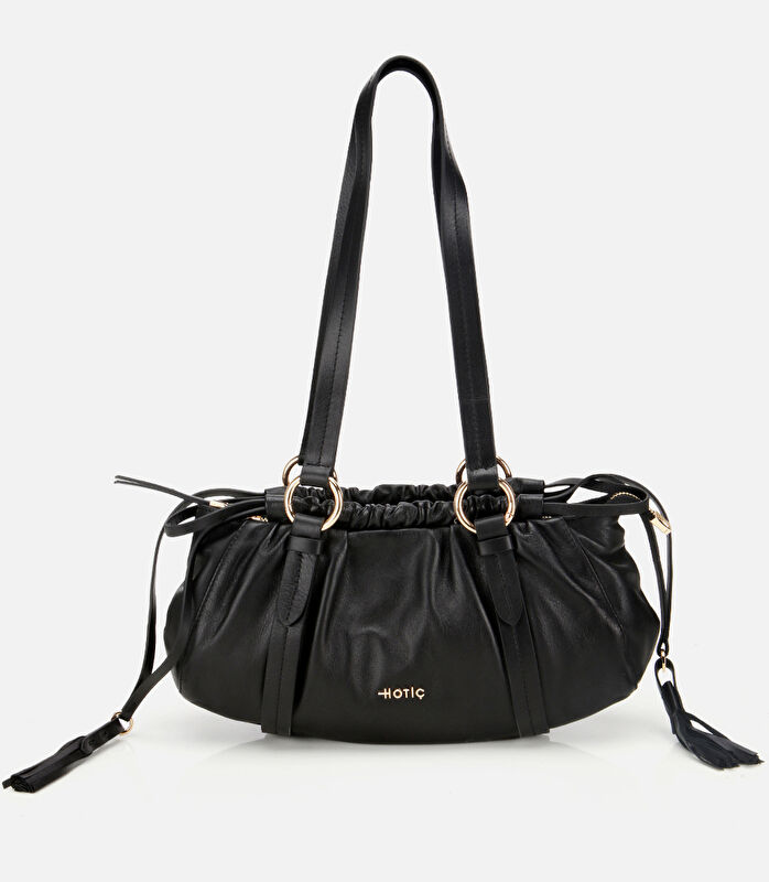 Kadın Deri Siyah Yumuşak Dokulu Bowling Omuz Çantası