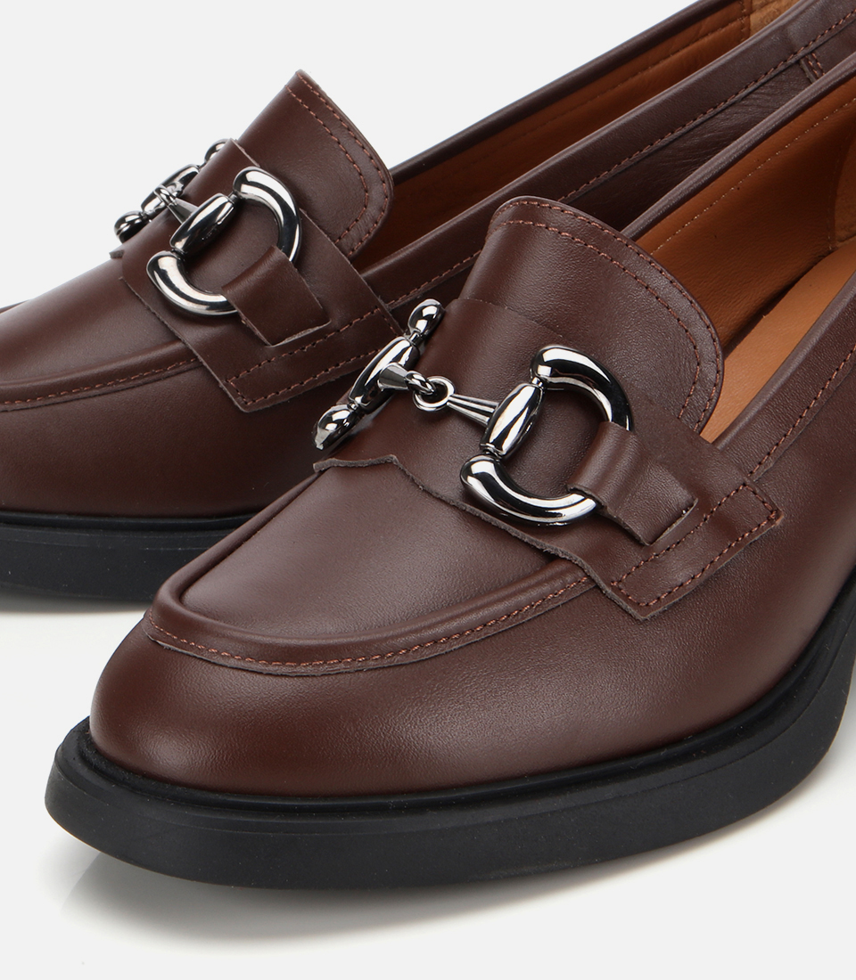 [新品]OHOTORO Walnut Shirring Loafer 25cm Deri Kahverengi Tokalı Yüksek Topuklu Klasik Loafer